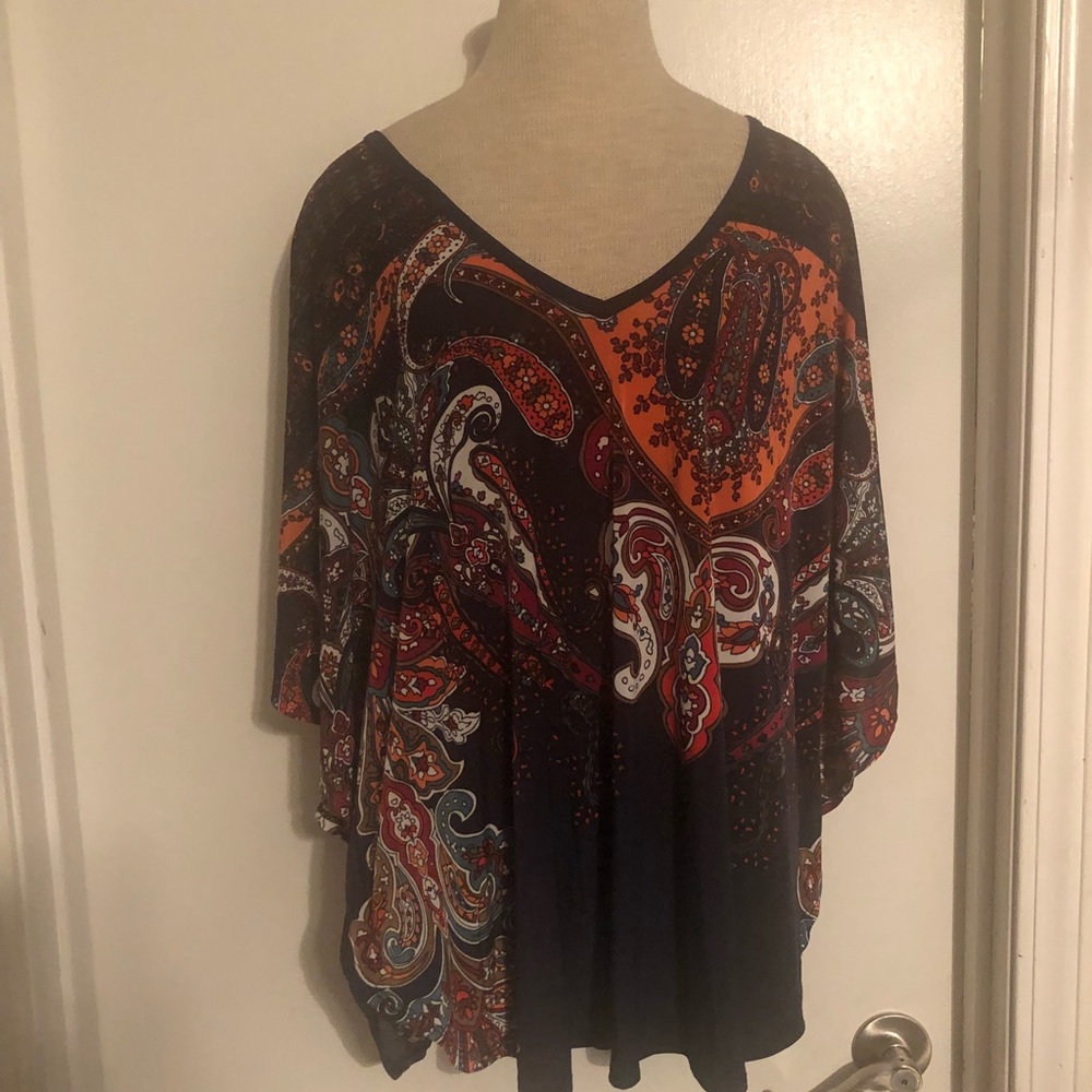 Navy blue and burgundy batwing top